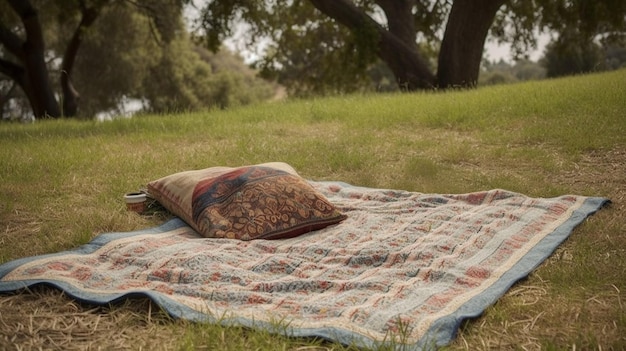 A couple sits on a blanket in a park, one of them is wearing a blanket that says'the other is a pillow '