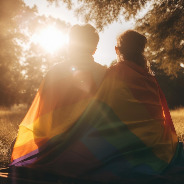 A couple sits on a blanket with the sun shining through the trees.