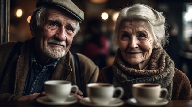 A couple sits in a cafe with cups of coffee.