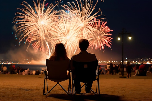 A couple sits in chairs watching fireworks at the beach.