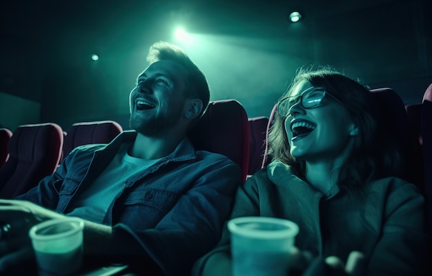 A couple sits in a cinema and laugh and laugh.