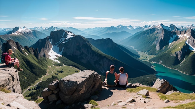 A couple sits on a cliff overlooking a mountain valley.