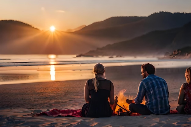 A couple sits in front of a fire and looks at the sunset.