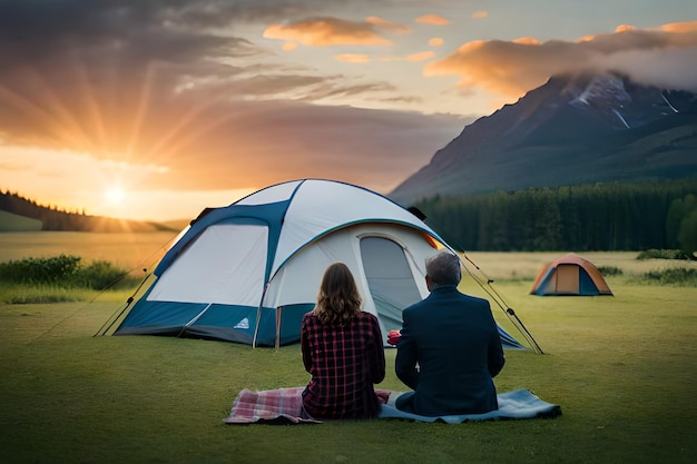 A couple sits in front of a tent at sunset.