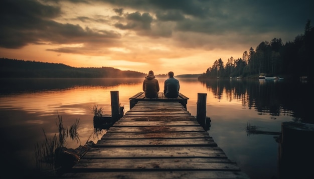 Photo a couple sits on a jetty enjoying a tranquil sunset generated by ai