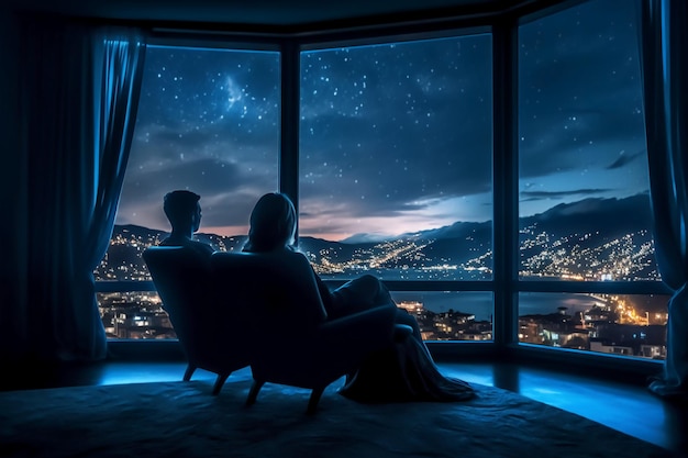 A couple sits in a large room looking out at night.