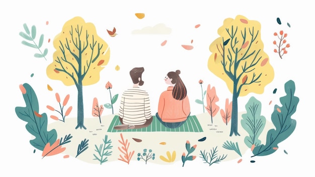 夫婦が公園のマットに座って手描きのスタイルの近代的なデザインのイラストを描いています