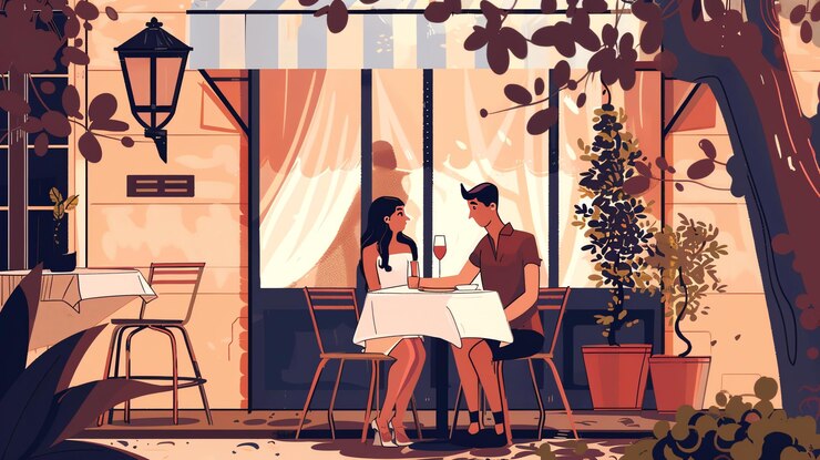 Photo a couple sits at an outdoor cafe enjoying a meal and conversation