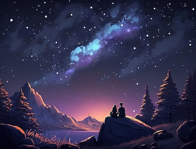 A couple sits on a rock under a starry night sky.