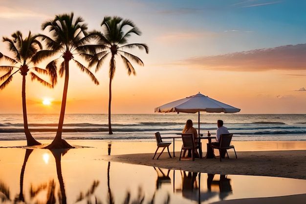 A couple sits at a table on the beach at sunset.