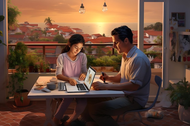 a couple sits at a table with a laptop and a sunset on the background