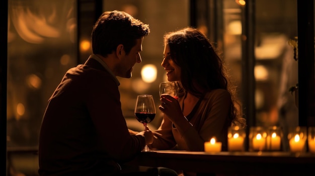 写真 ワイングラスを共有するバーに座っているカップル