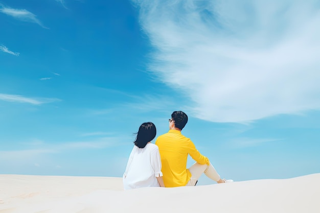 해변에 앉아있는 커플 달콤한 커플 행복한 휴식 사랑과 낭만적 인 순간을 즐기십시오