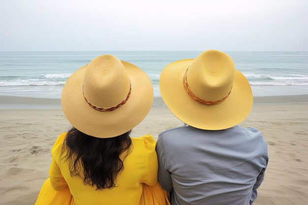 해변에 앉아있는 커플 달콤한 커플 행복한 휴식 사랑과 낭만적 인 순간을 즐기십시오