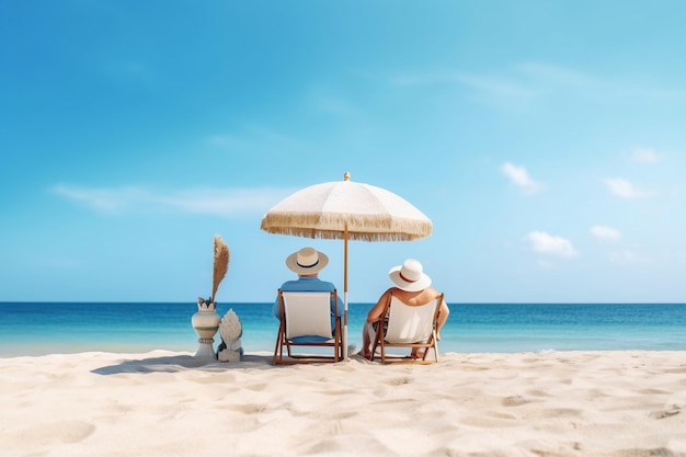 Couple sitting on a beach under an umbrella