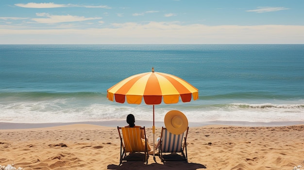 Пара сидит на пляже с солнцезащитой и зонтиком