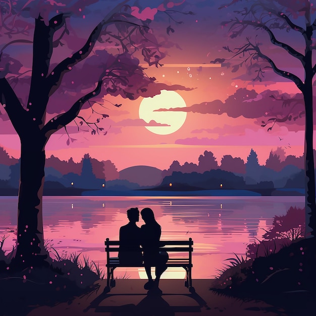 Photo couple sitting on the bench by the river