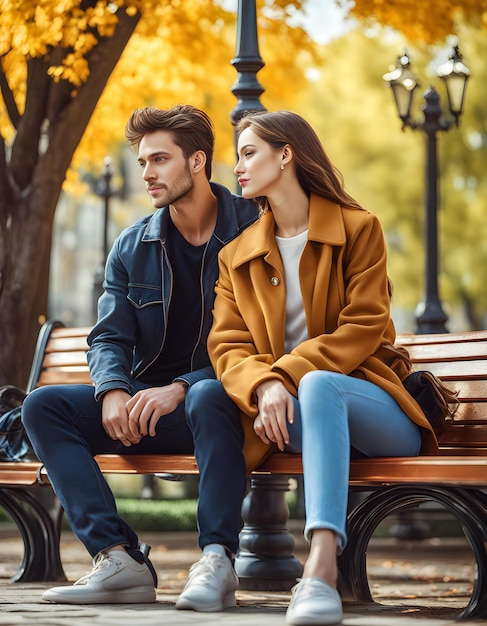 Photo couple sitting on a bench in the city