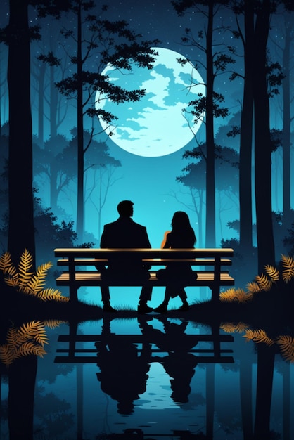 Photo couple sitting on a bench in a forest at night background