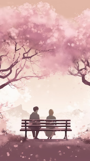 A couple sitting on a bench in the park, with pink flowers and the words love on the bottom.