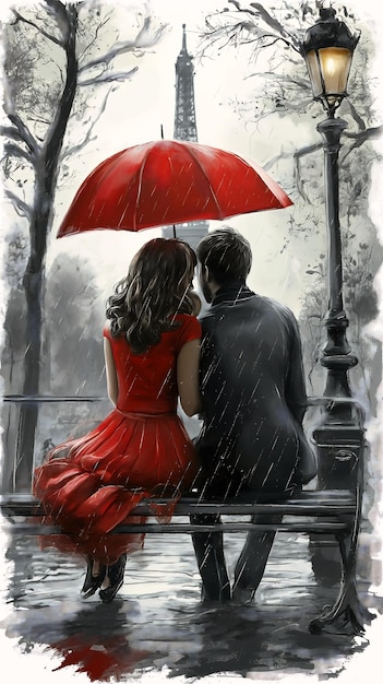 couple sitting bench under umbrella urban romance book cover stunning drawing red rain loving