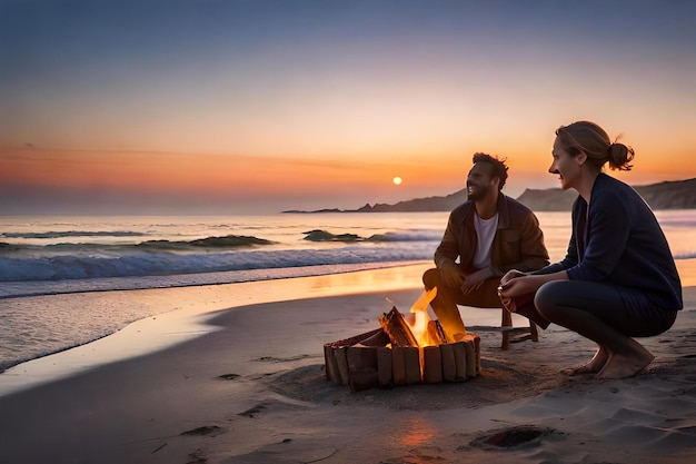 写真 日没時に火のそばに座っているカップルと、火のそばに座って夕日を眺めている男性。