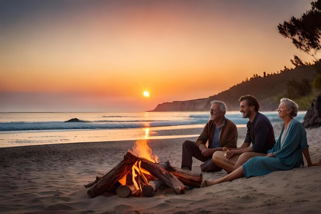 A couple sitting by a fire at the beach, with the sun setting behind them.