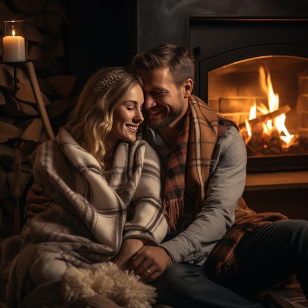 Couple sitting by the fireplace cuddling
