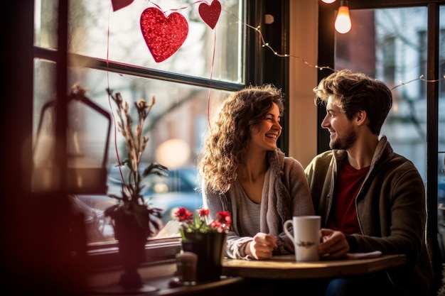 Photo a couple sitting by a window in a quaint coffee shop surrounded by valentine's day decorations