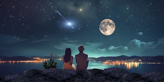 A couple sitting on a cliff looking at the moon and the stars are visible