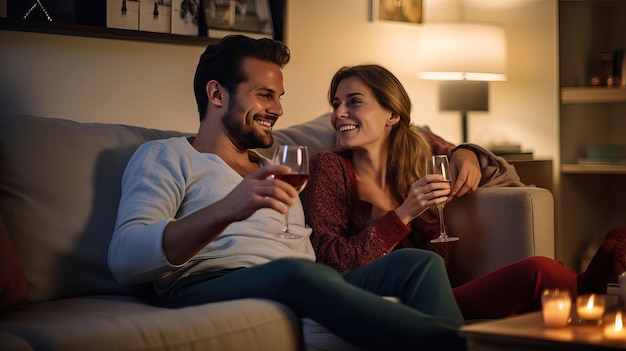 Premium AI Image | couple sitting on a couch and drinking wine