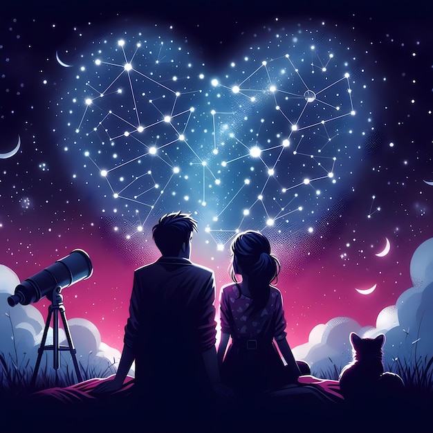 Foto coppia seduta accanto a un cane che guarda le stelle a forma di cuore sul cielo notturno