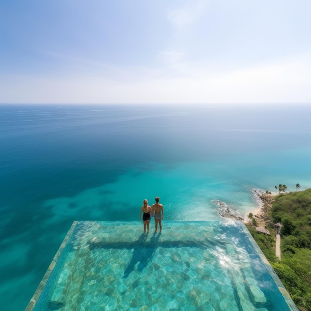 Couple sitting on the edge of a cliff and looking at the sea