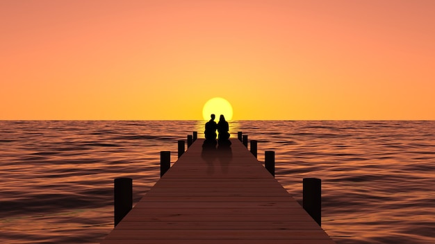 Couple sitting at the end of a pontoon above the sea at sunset 3D render