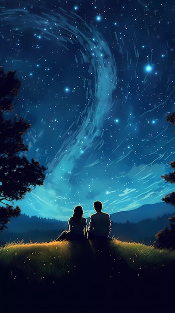 A couple sitting on a field looking at the stars