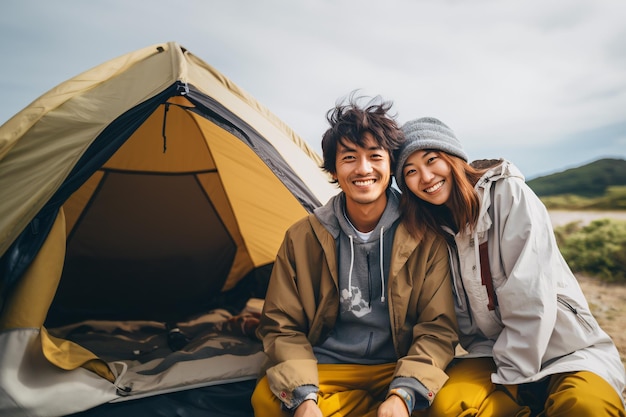 Couple sitting in front of their tent and enjoying the camping trip Created with Generative AI technology