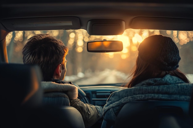 写真 夕暮れ に 赤い 車 に 座っ て いる 夫婦