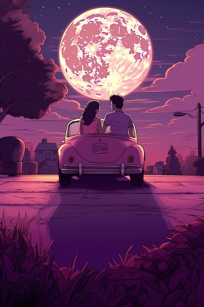 couple sitting on the outside of the purple car under it's moon in the style of indian pop culture