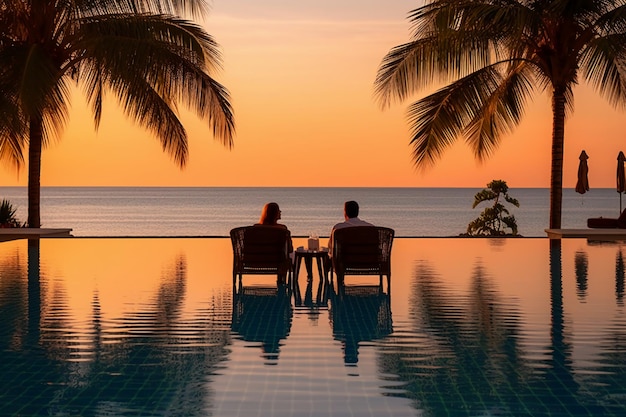 Couple sitting on a pool overlooking the ocean