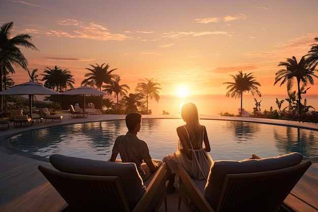 Photo couple sitting at pool with sunbathing sunset sunrising