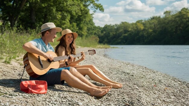 Пара сидит и отдыхает на пляже, играя на гитаре в летний день возле реки