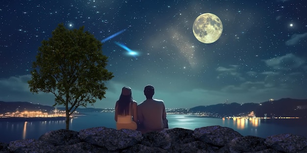 Couple sitting on a rock watching the moon