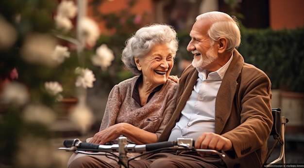 Photo a couple sitting on a scooter and smiling