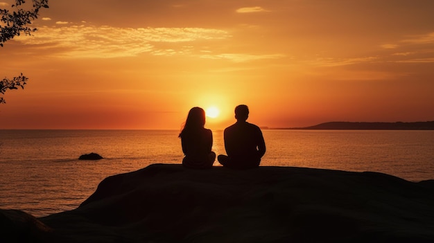 Photo couple sitting separately watching the sunset over the sea