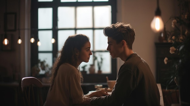 A couple sitting at a table in a cafe, looking at each other, with a window behind them.