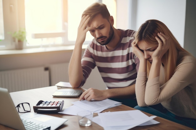 Photo couple sitting at a table visibly frustrated while sorting through financial documents and bills
