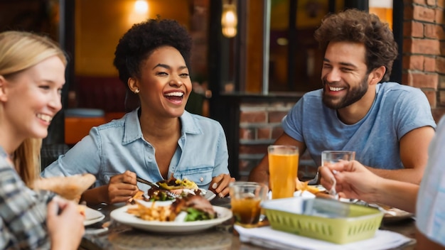 Photo a couple sitting at a table with food and drinks