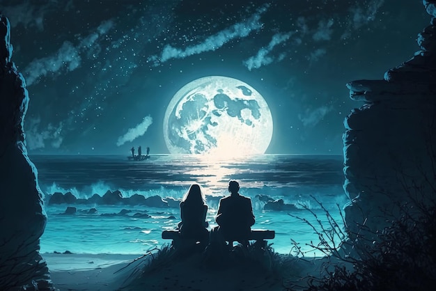 Couple sitting together enjoyin the romantic view of the moonlight at a beautiful beach