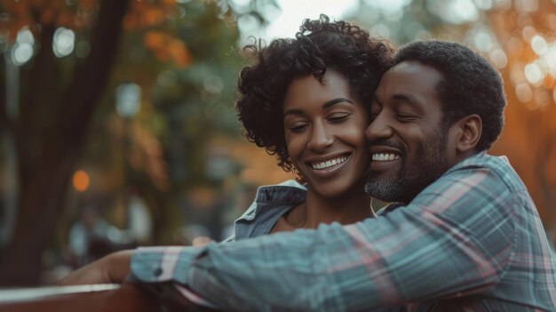 A couple sitting together on a park bench sharing a tender embrace and contented smiles as