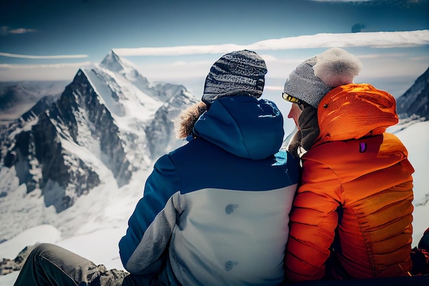 Couple sitting on top of a snowy mountaingenerative ai